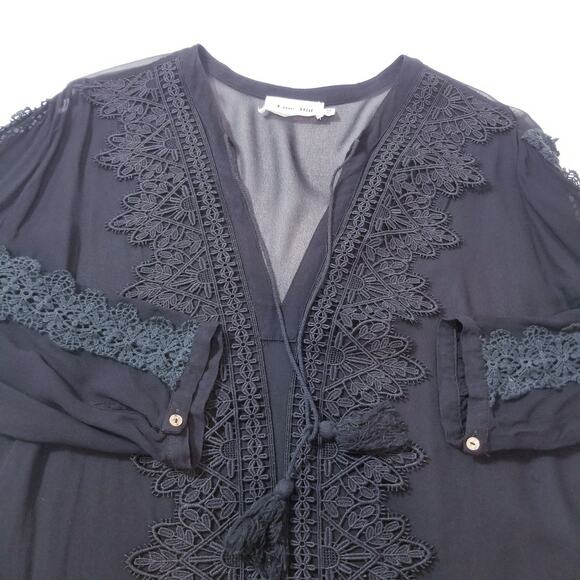 Line and Dot Black Crochet Tassels Deep V-neckline Sheer Blouse Long Sleeves - Picture 8 of 11